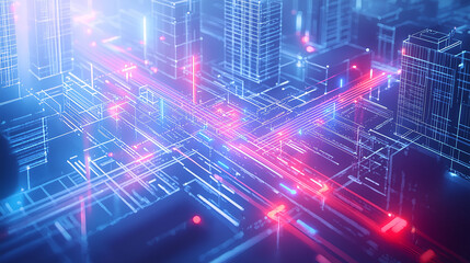 Obraz premium Futuristic Smart City Network Digital Infrastructure, Data Flow, Neon Lights