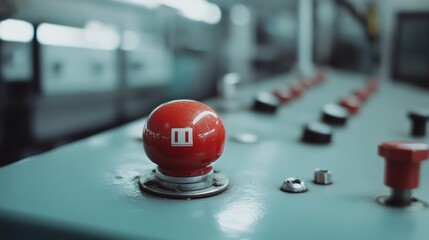 A striking red round pause button commands attention amid a sea of buttons and switches on an expansive industrial panel in muted lighting.
