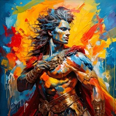 Fototapeta premium A bold, colorful painting featuring a heroic or mythical figure. Use vibrant colors, dynamic compositions, and a mix of classical and modern elements to reimagine traditional themes.