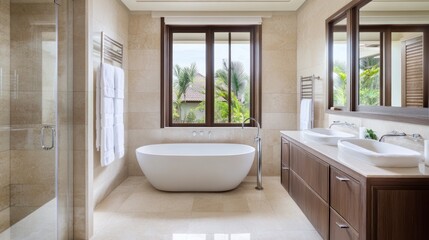 Elegant and spacious bathroom with modern fixtures and serene garden views
