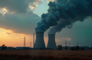 Power plant releases large plumes of dark smoke into cloudy sky during sunset. Industrial landscape features tall cooling towers, utility poles. Dark silhouettes of structures, fields. Evening scene