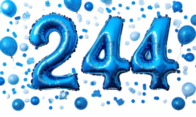 Blue Number Balloons 244 with Confetti on Black Background
