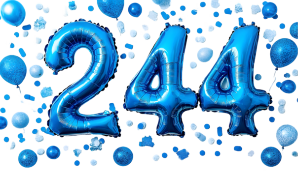 Blue Number Balloons 244 with Confetti on Black Background