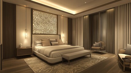 Fototapeta premium Luxurious bedroom with soft lighting, elegant furniture, and a geometric patterned headboard