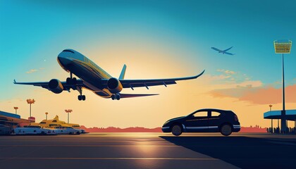 Silhouette of a jumbo jet landing and a taxi car waiting at the airport