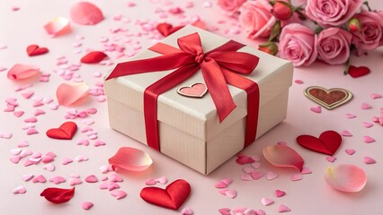 A gift box tied with a red ribbon, surrounded by pink petals and hearts on a pastel background. A perfect scene for Valentine's Day, romantic occasions, or celebrations of love.