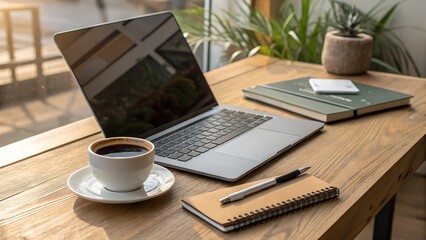A cozy workspace with a laptop, notebook, and a cup of coffee on a wooden desk near a window. A perfect setting for productivity, remote work, or creative inspiration.