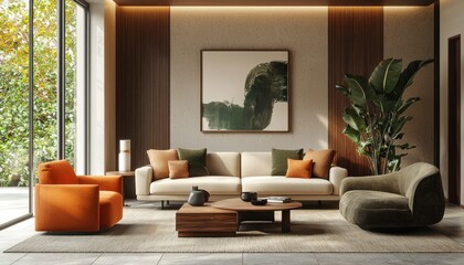 A modern living room setup featuring beige, brown, and green-colored furniture, with warm wooden elements. This 3D render offers a cozy yet stylish interior.