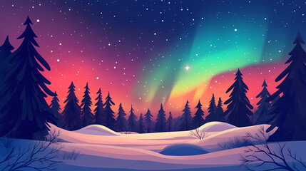 Fototapeta premium Vivid auroras illuminate a snowy forest beneath a starry night. Aurora Skies. Illustration