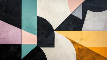 Abstract painting with a modern and geometric design. it has a black background with a mix of different colors and shapes.