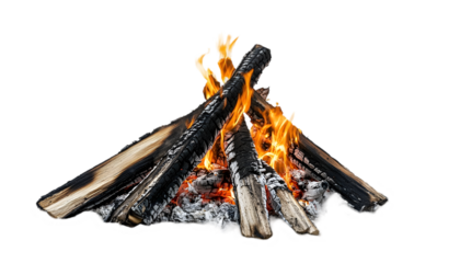 Bright Campfire Burning at Night, Isolated on Black Background