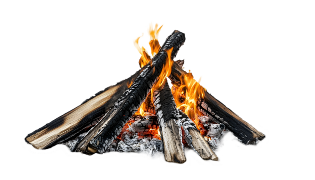 Bright Campfire Burning at Night, Isolated on Black Background