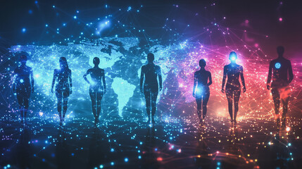 abstract professional business team people innovation connection of line from nail node to node on map background , networking concept