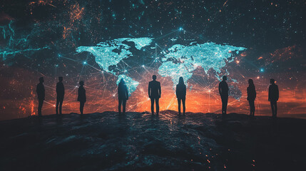 abstract professional business team people innovation connection of line from nail node to node on map background , networking concept