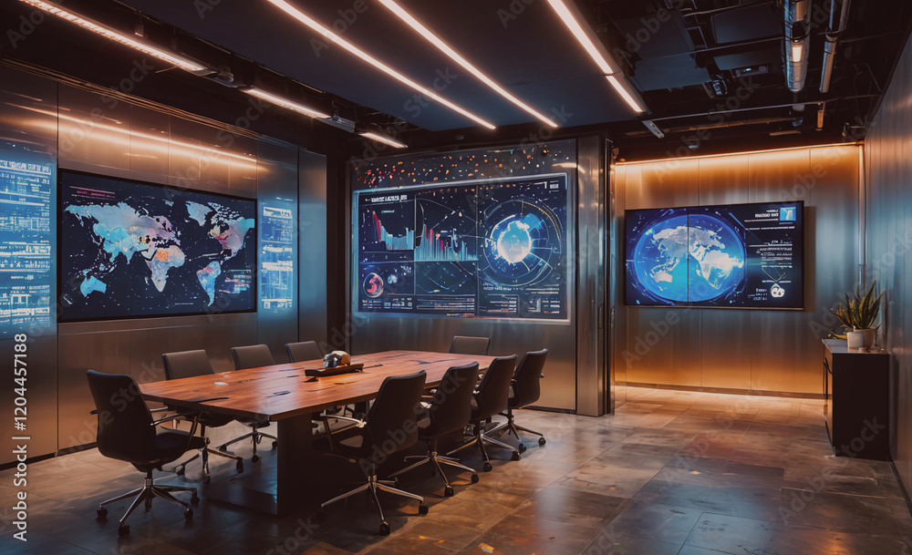 Aufkleber a conference room with a large table and chairs, and a large screen on the wall. the room is designe