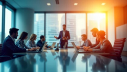 Obraz premium Business professionals hold meeting in modern office. Group discussion takes place around table. People use laptops. Blurred background shows vibrant office with blue, orange hues. Meeting looks