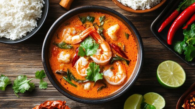 Delicious Thai Tom Yum Soup with Shrimp and Rice