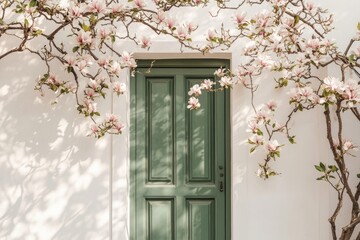 Green door framed by blooming branches offers serene, inviting a