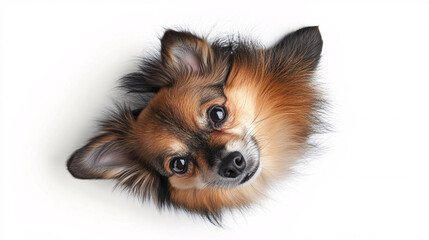 Obraz premium A fluffy brown and black dog curiously peeks from a white background with big expressive eyes creating an adorable and playful look 