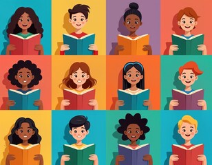 Fototapeta premium Diverse group of kids happily reading books. Multiethnic children enjoy reading on colorful backgrounds. Positive portrayal of diverse children learning. Image promotes inclusivity and literacy.