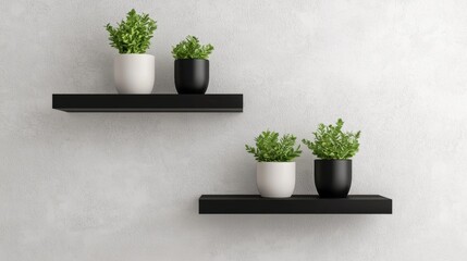 Three black floating shelves attached to a white wall. on the left shelf, there is a white vase with a small green plant in it. next to it, there are two small black pots with green plants in them.
