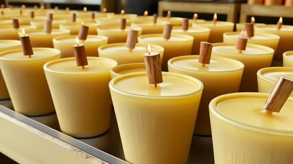 Handcrafted soy candles arranged in neat rows for quality inspection and packaging