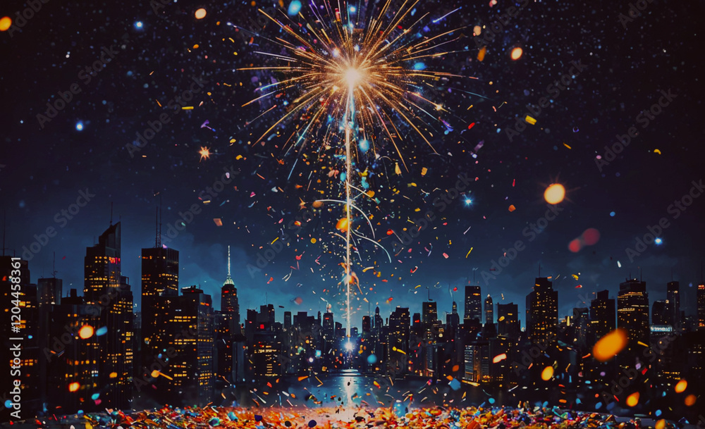Poster a fireworks display is lit up in the night sky over a city. the fireworks are shooting up into the a