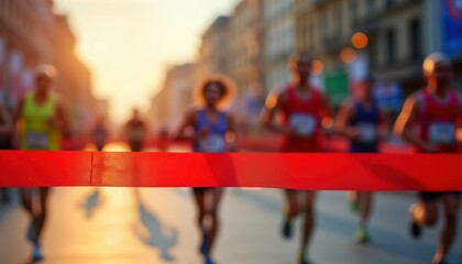 Marathon runners cross finish line. Blurred runners sprint towards red ribbon. Urban city street background. Success, goal achievement. Active lifestyle, healthy habits. Sport theme. People compete,