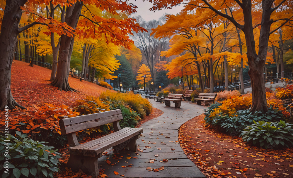 Poster a path with benches and trees in autumn. the path is lined with trees and benches, and the leaves ar