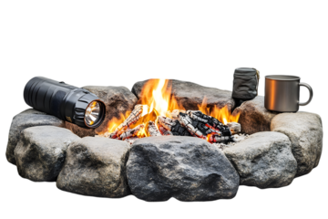 Campfire scene at night with a flashlight and mug near a stone f