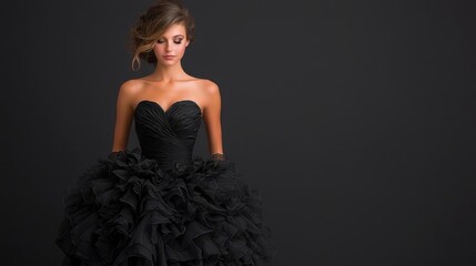 Fototapeta premium Elegant woman in black gown, studio portrait, dark background, fashion photography