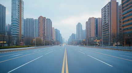 Naklejka premium Modern street photography, Front view, one point view shot of a large street in a business district with modern buildings, peaceful atmosphere