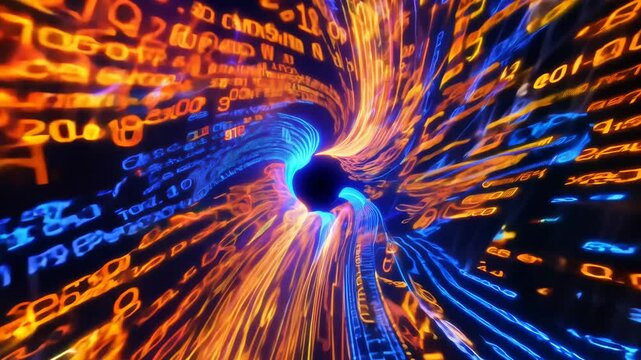 Futuristic digital vortex with flowing binary code and vibrant colors