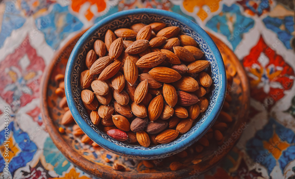 Poster a bowl of almonds is on a table with a colorful background. the almonds are scattered all over the b