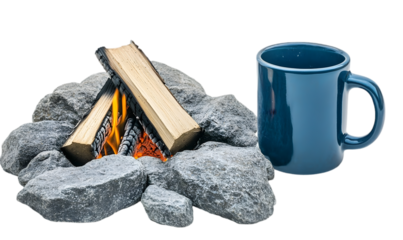 Campfire scene with a blue mug and burning wood