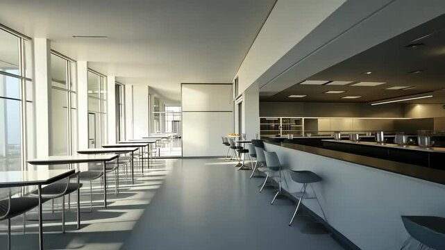 Modern sunlit cafe interior transformation with streaming natural light and shadows