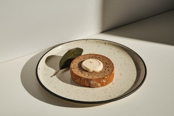 A slice of bread with cream cheese and a leaf on a plate in sunlight