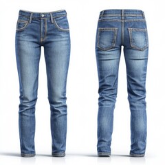 Classic women's jeans, shown in front and back views, focus on stitching details, denim texture, realistic shadows, isolated on a white background
