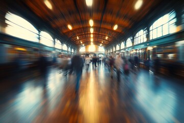 Abstract image of people inside a hall of a railway station, blurred and out-of-focus image, with bokeh