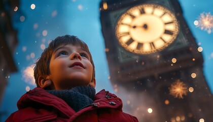 A child looks up at a clock tower on a magical winter night, filled with twinkling lights and falling snow.