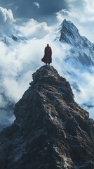 A lone sigma monk standing tall on a mountain peak, wearing traditional robes, gazing into the horizon