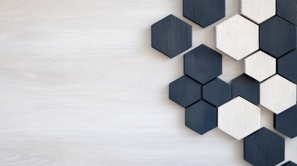 Close-up of a geometric pattern made up of hexagons. the hexagons are arranged in a repeating pattern, with each hexagon having a different color - black, white, and light blue.