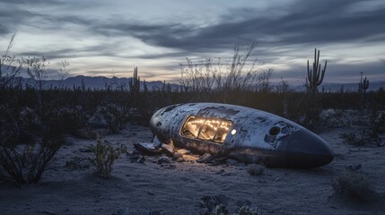 A desert landscape outside Roswell at dusk, with low rolling hills and an alien spacecraft partially buried in sand and surrounded by metallic debris