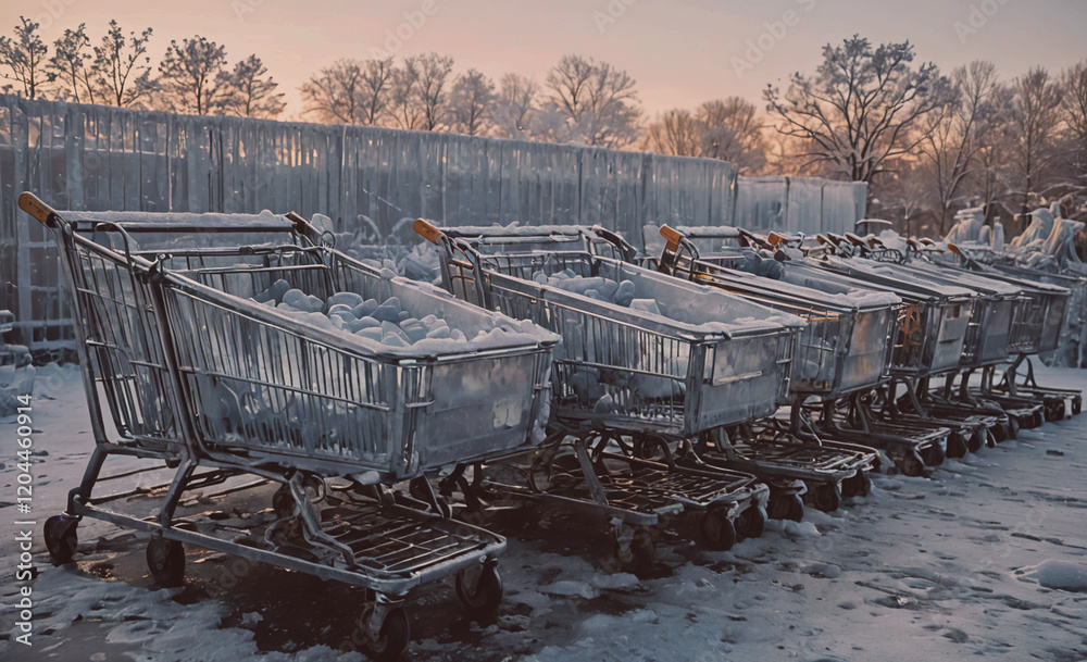 Aufkleber a row of shopping carts are covered in snow. the carts are lined up in a row, with some of them bein