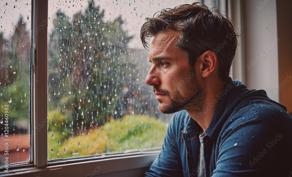 Poster a man is looking out the window with raindrops on the glass. he is sad or upset