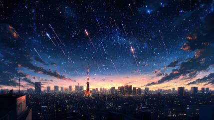 Night sky with stars over a city skyline. Starry Horizon. Illustration