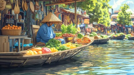 Obraz premium Vibrant floating market vendor on wooden boat
