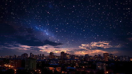 Night sky with stars over a city skyline. Starry Horizon. Illustration
