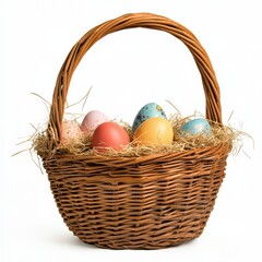 Obraz premium A brown wicker basket with handle. the basket is full of easter eggs and straw 