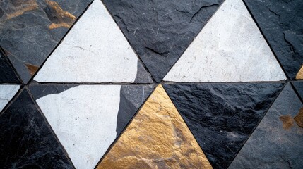 Close-up of a geometric pattern made up of black and white tiles arranged in a diamond shape.